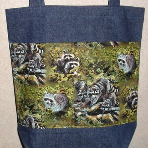New Large Handmade Raccoon Family Wildlife Denim Tote Bag
