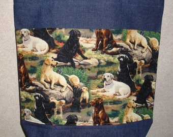 New Handmade Large Labrador Labs all Over Dogs Pets Denim Tote Bag