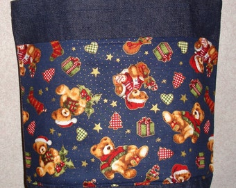 New Handmade Medium Christmas Teddy Bears on Blue Denim Tote Bag