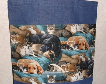 New Handmade Medium Labrador  Lab Puppy Cats Kitty Pets Snoozing Denim Tote Bag