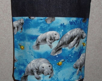 New Small Handmade Manatee Wildlife Denim Tote Bag