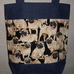 New Handmade Large Pugs all Over Dogs Pets Denim Tote Bag