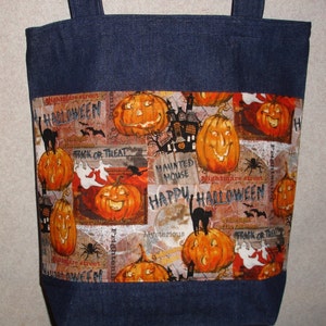 New Large Handmade Funny Jack O Lanterns Pumpkins Halloween Denim Treat Bag