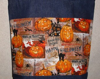 New Large Handmade Funny Jack O Lanterns Pumpkins Halloween Denim Treat Bag