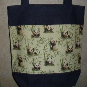 New Handmade Panda Bear Bamboo Wildlife Large Denim Tote Bag