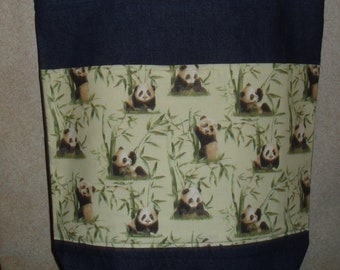 New Handmade Panda Bear Bamboo Wildlife Large Denim Tote Bag