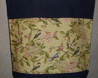 New Large Handmade Birds Nature Flowers Forest Denim Tote Bag