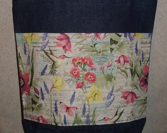 New Large Handmade Hummingbird Garden Flowers 2 Denim Tote Bag