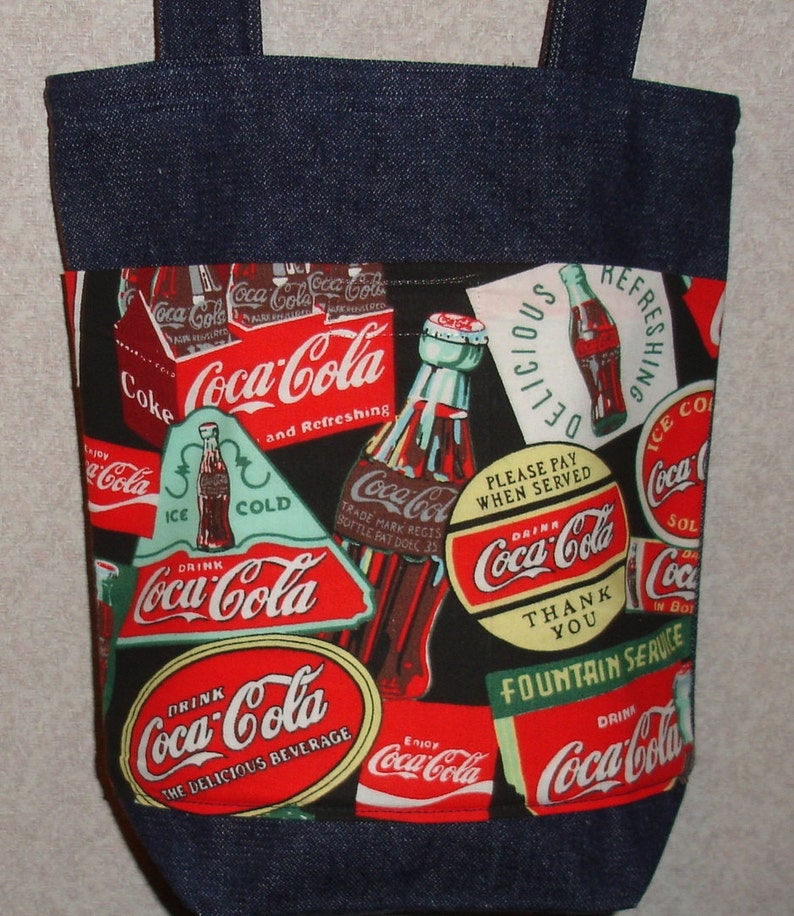 New Small Denim Tote Bag Handmade with Coke Coca Cola Signs Fabric