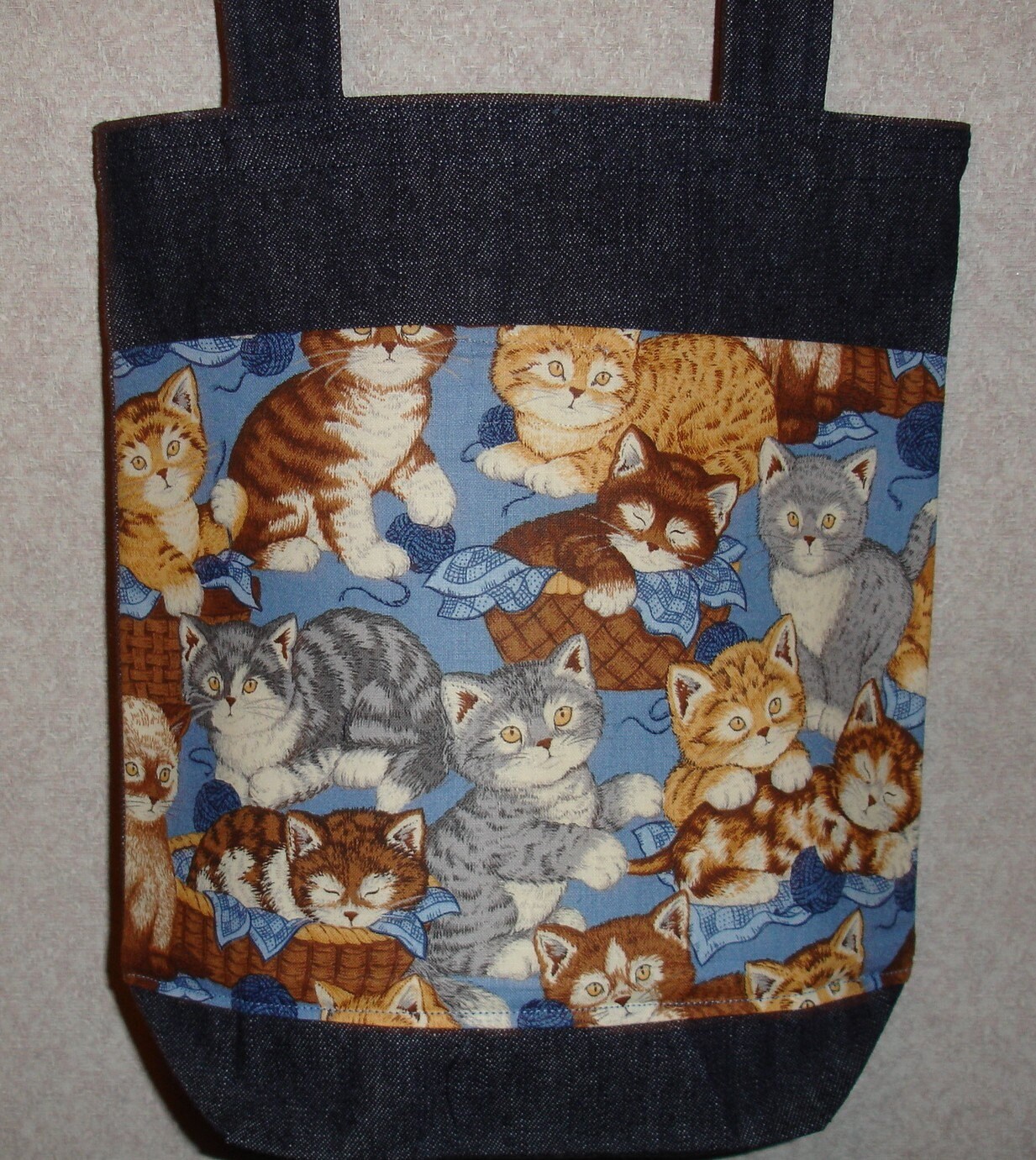 NEW Handmade Small Sitting Pretty Kitty Cats Denim Tote Bag 