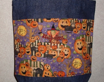 New Medium Handmade Funny Witch Pumpkins Halloween Denim Tote Bag