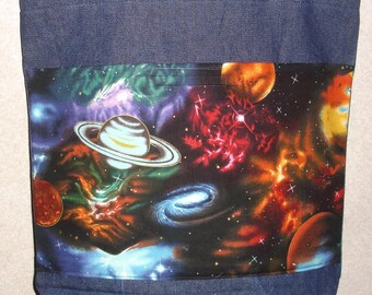 New Handmade Planet Stars Galaxy Outer Space Large Denim Tote Bag