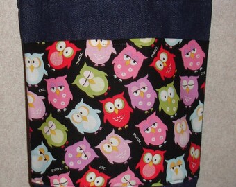 New Small Handmade Whimsical Owls Denim Tote Bag