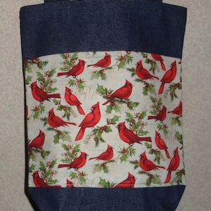 New Small Handmade Christmas Cardinals Holly Denim Tote Bag Purse