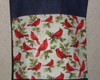 New Small Handmade Christmas Cardinals Holly Denim Tote Bag Purse