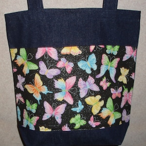 New Large Handmade Denim Tote Bag Butterflies on Black Theme