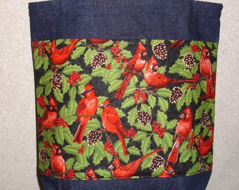 New Medium Handmade Christmas Cardinal Holly Pinecones Holiday Denim Tote Bag Purse