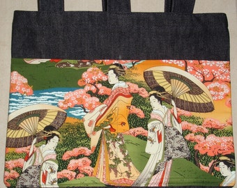 New Handmade Denim Walker Tote Bag Japanese Geisha Oriental Theme