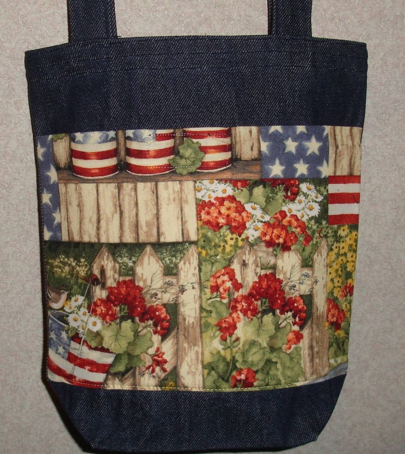New Small Handmade Americana Flag Flowers Summer Country Denim Tote Bag