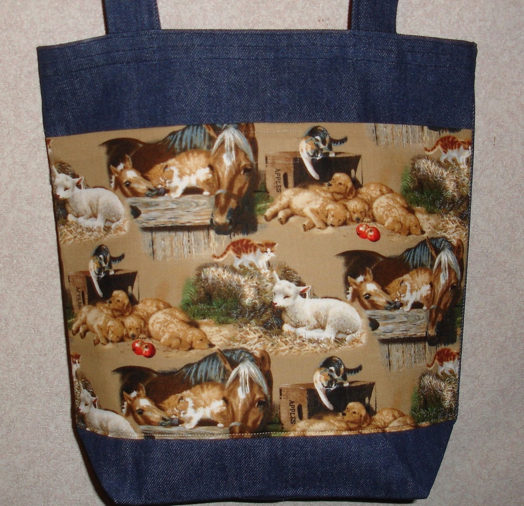 New Medium Handmade Peaceful Farm Stable Horse Sheep Dog Denim Tote Bag