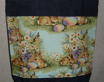 New Medium Handmade Easter Bunny Basket Egg Scene Theme Denim Tote Bag