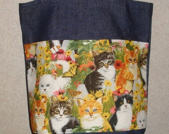 New Medium Handmade Sunflower Cats Cat Kitten Kitty Kittens Denim Tote Bag