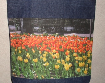 New Handmade Bright Tulips Flowers Original Photograph Photo Large Denim Tote Bag