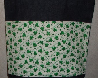 New Large Handmade St Patricks Glittery Shamrocks on Wt Background Denim Tote Bag