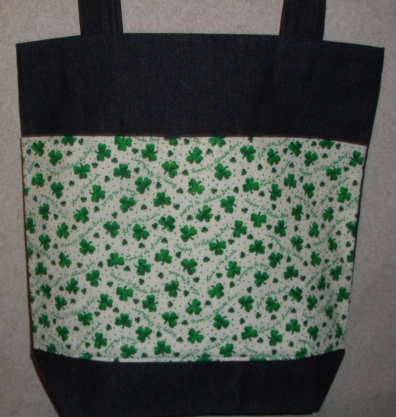 New Large Handmade St Patricks Glittery Shamrocks on Wt Background Denim Tote Bag image 1