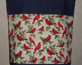 New Medium Handmade Christmas Cardinal Holly Holiday Denim Tote Bag Purse