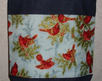 New Medium Handmade Christmas Holly Cardinals Holiday Denim Tote Bag