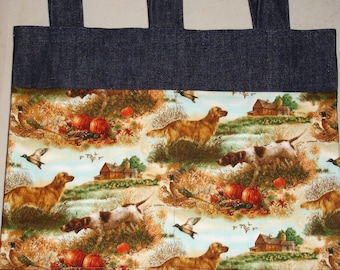 New Handmade Denim Walker Bag Fall Pumpkins Hunting Dogs Theme