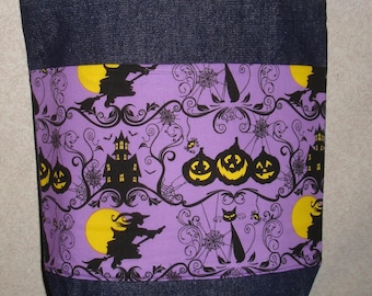 New Medium Handmade Halloween Witch Pumpkins Purple Background Denim Treat Tote Bag