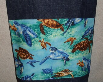 New Medium Handmade Sea Turtles Ocean Beach #2 Denim Tote Bag