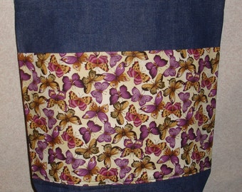 New Large Handmade Purple Brown Butterflies Butterfly Nature Denim Tote Bag