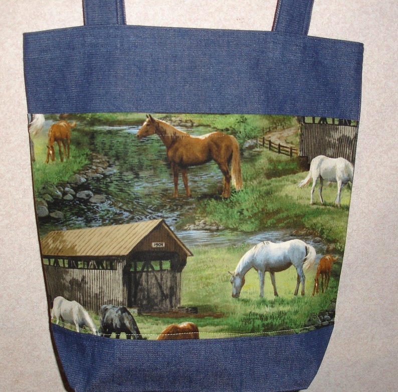 New Handmade Large Horse Farm Country Covered Bridges Denim Tote Bag
