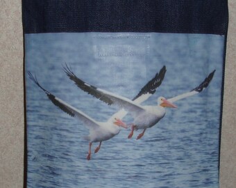 New Handmade Flying Pelicans Original Photo Photograph Fabric Small Denim Tote Bag