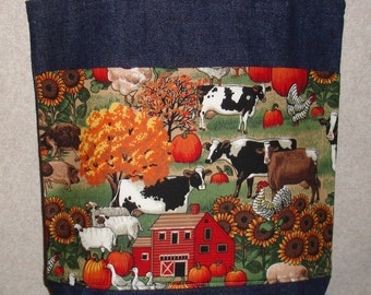 New Handmade Medium Summer Farm Cows Denim Tote Bag