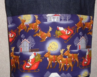 New Medium Handmade Christmas Santa Sleigh Reindeer Denim Tote Bag