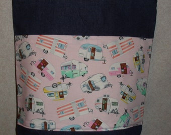 New Handmade Classic RV Camper Camping Nature Park Pink Background Large Denim Tote Bag