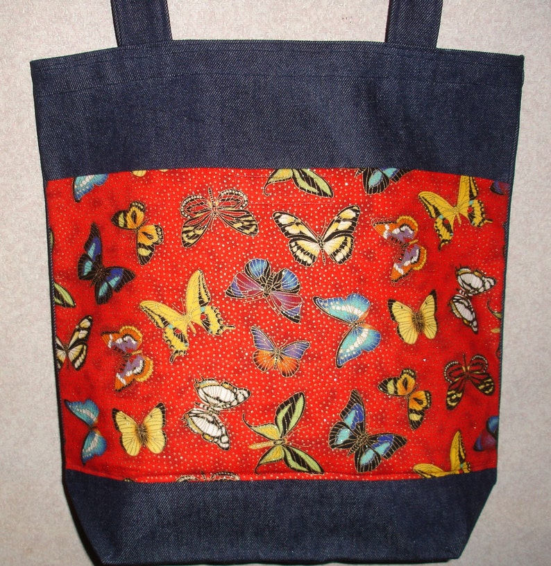 New Large Handmade Butterflies Butterfly on red background Denim Tote Bag