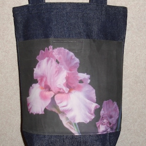New Handmade Iris Flower Garden Original Photo Photograph Fabric Small Denim Tote Bag