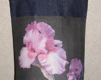 New Handmade Iris Flower Garden Original Photo Photograph Fabric Small Denim Tote Bag