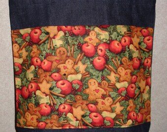 New Medium Handmade Gingerbread Apple Holiday Christmas Denim Tote Bag