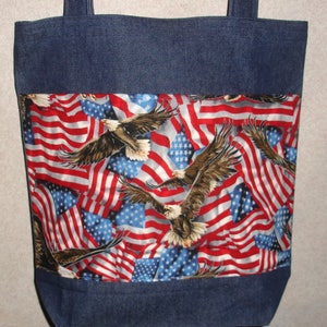 New Large Handmade American Patriotic Flag Bald Eagle USA Print Denim Tote Bag