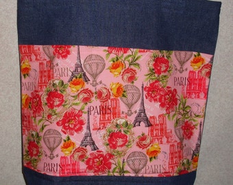 New Handmade Large Denim Tote Bag Paris Travel Tourism Vacation Theme