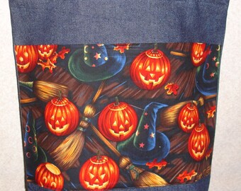 New Handmade Large Halloween Witch Broom Pumpkin Denim Tote Bag