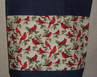 New Large Handmade Christmas Cardinal Holly Denim Tote Bag