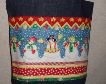 New Handmade Medium Snowman Winter Christmas Border Group Denim Tote Bag