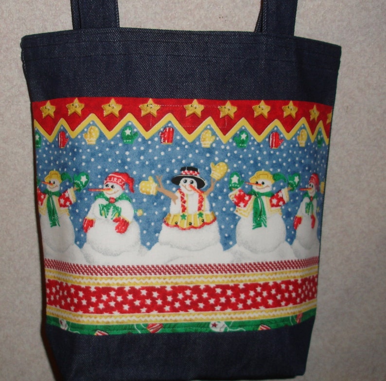 New Handmade Medium Snowman Winter Christmas Border Group Denim Tote Bag image 1